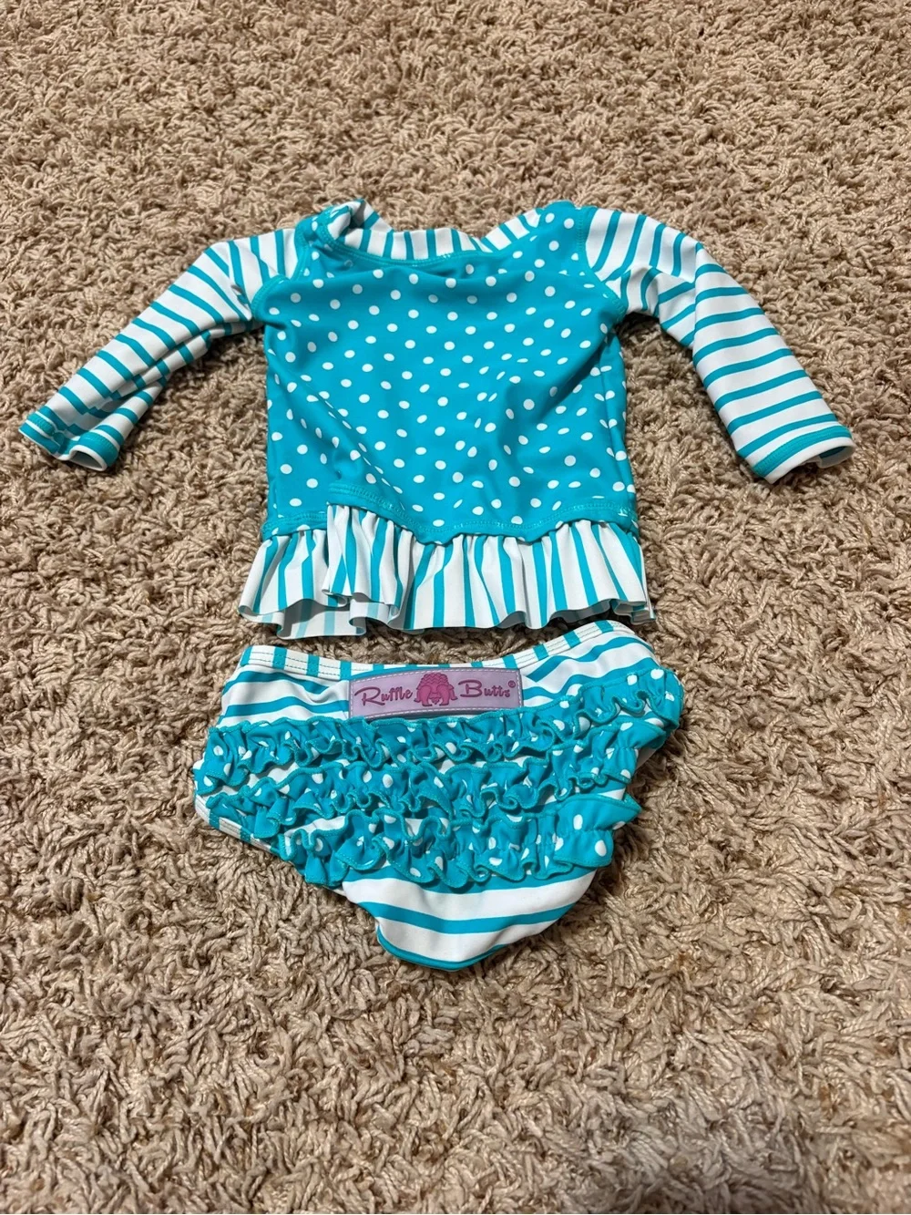 Ruffle Butts baby girl Teal Polka Dot & Stripe Swim Set size 3-6 months